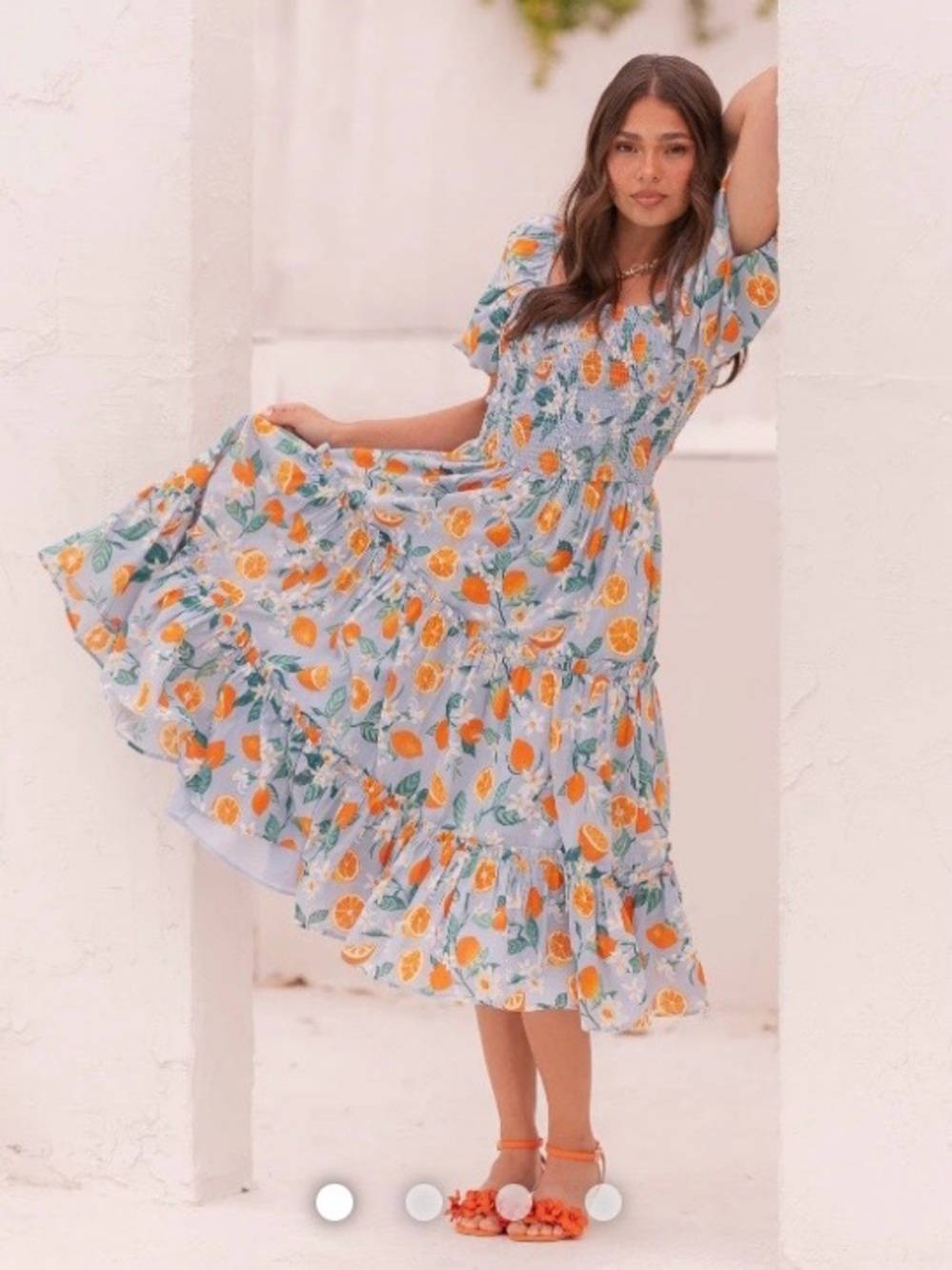 Jessakae Clementine smocked midi Dress M blue citrus orange cotton tiered NWT - Picture 3 of 12